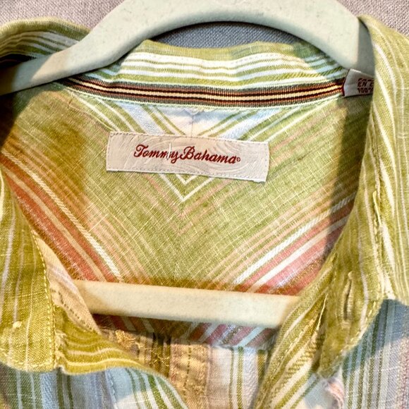 Tommy Bahama 100% Linen Striped Button Front Shirt Mens L Green Resort - Picture 5 of 7